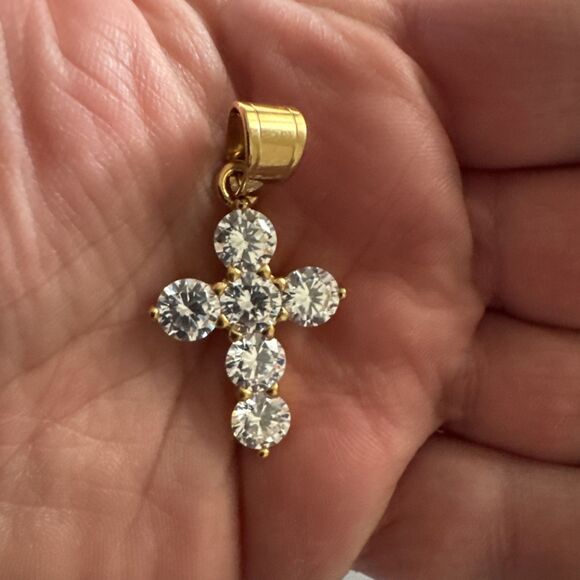 Cubic Zirconia Stainless Steel Cross Pendant Gift Trendy 24” Necklace Gold Tone - Picture 4 of 6